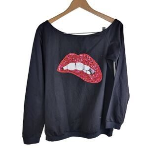 Off The Shoulder Blouse size M Black Sequins Bite Lips Never with Teeth